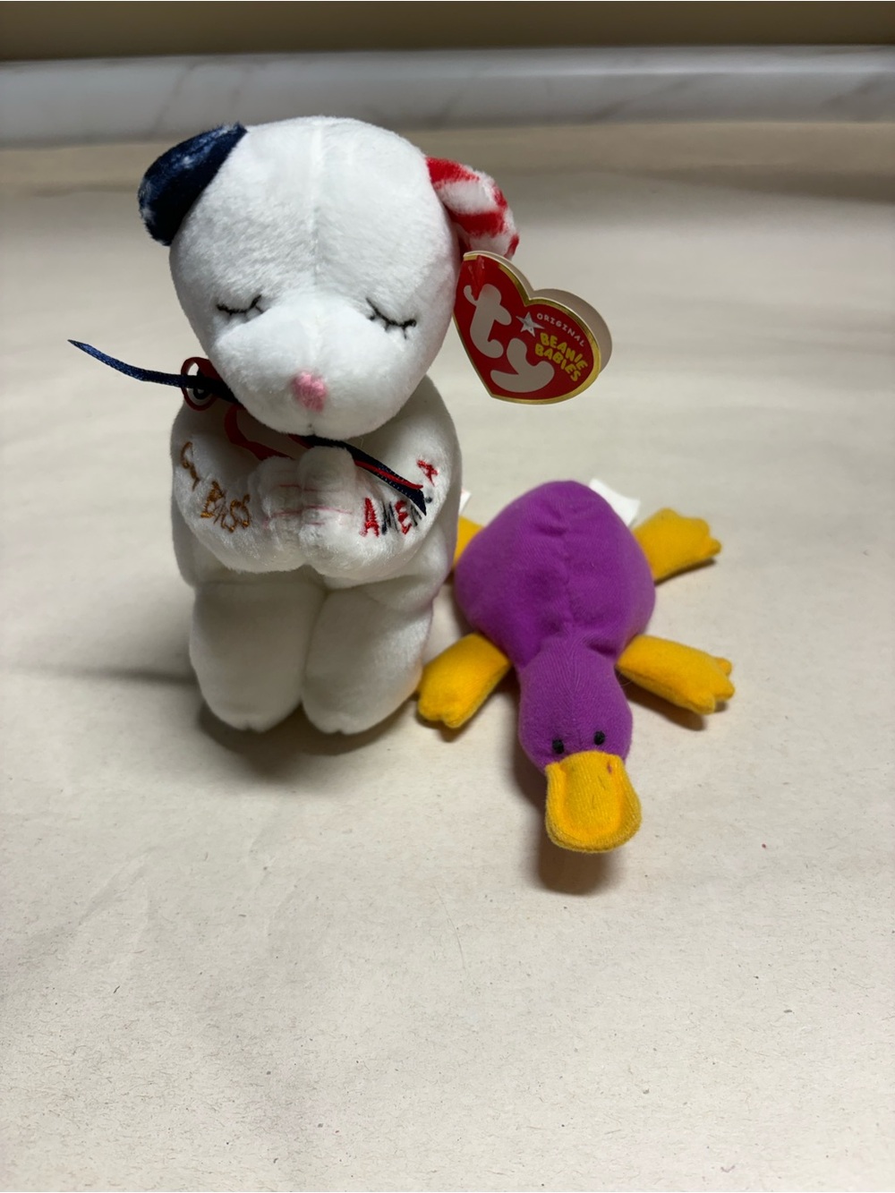 Ty White Bear with Purple & Yellow Duck Small Pets Plush Set